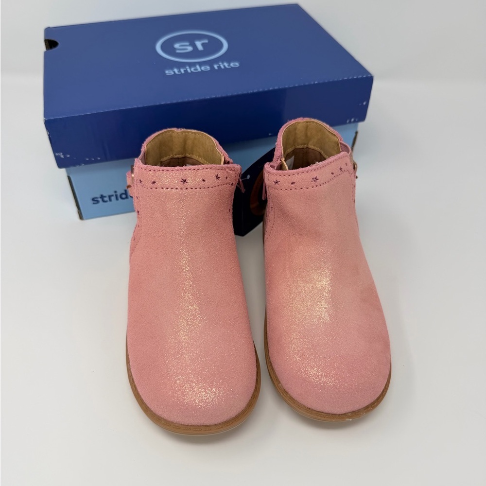 NIB 10 Wide Stride Rite Agnes Glittery Pink Blush  Girls Leather Boots - Picture 2 of 4